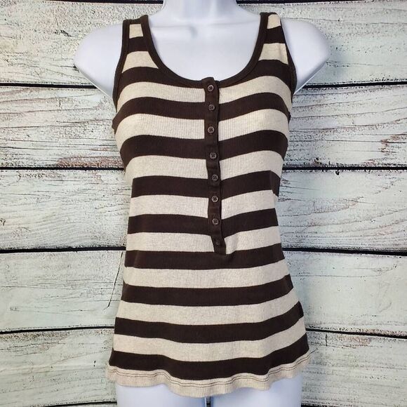 GAP Women’s Striped Henley Tank Top Medium Brown Beige 100% Cotton - Picture 1 of 7
